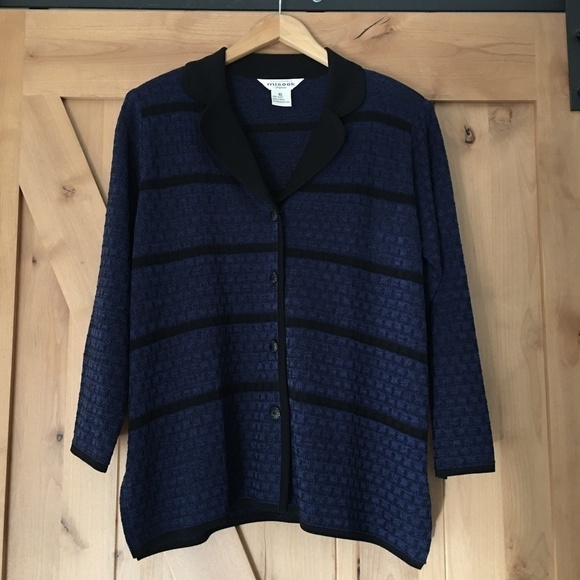MISOOK Knit Jacket Blazer Blue Black Size XL Stripes - Picture 1 of 3